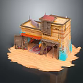 Traditional Desert Architecture Model With Clay Walls Red Roof Blue Base And Sandy Ground Decorations