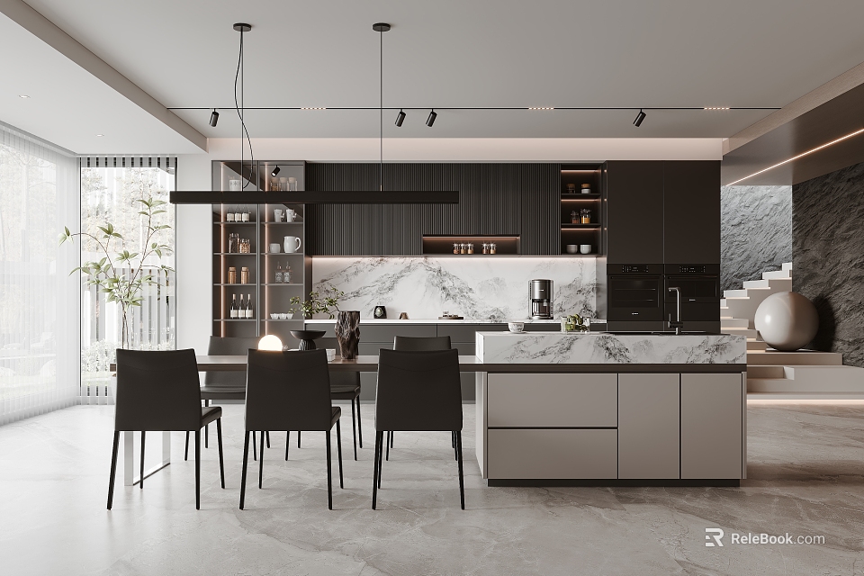 Modern Restaurant Interior With Open Kitchen Marble Island Black Cabinets And Dining Chairs 3d model 