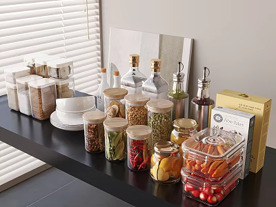 Organized Glass Spice Jars on Kitchen Shelf with Various Spices and Ingredients 3d model
