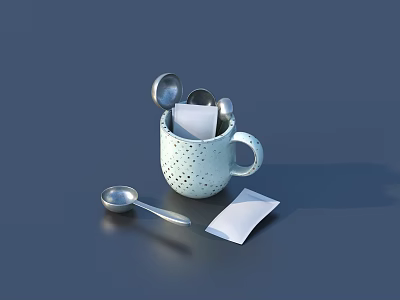 Stylish Dotted Mug With Tea Bags Small Spoon And Teabag Packet For Daily Use 3d model