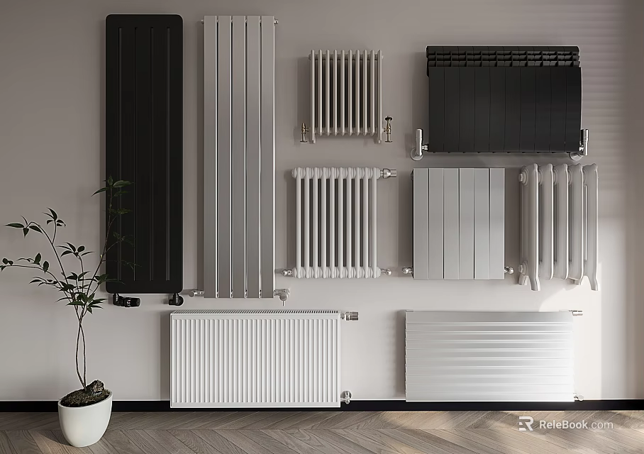 Different Colored Modern Wall Mounted Radiators In Living Room Interior With Wooden Floor 3d model 