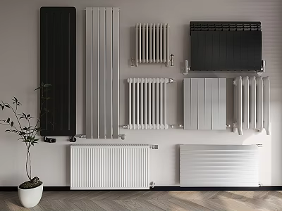 Different Colored Modern Wall Mounted Radiators In Living Room Interior With Wooden Floor 3d model