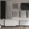Different Colored Modern Wall Mounted Radiators In Living Room Interior With Wooden Floor