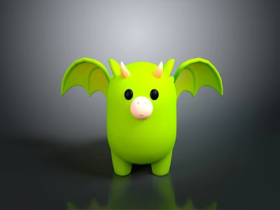 Cute Green Cartoon Creature With Horns And Bat Like Wings On Dark Reflective Surface 3d model