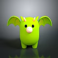 Cute Green Cartoon Creature With Horns And Bat Like Wings On Dark Reflective Surface