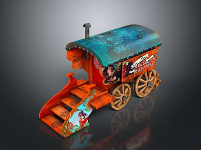 Decorative Red Carriage With Blue Green Roof Wooden Wheels Small Chimney And Cartoon Artwork 3d model