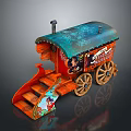 Decorative Red Carriage With Blue Green Roof Wooden Wheels Small Chimney And Cartoon Artwork