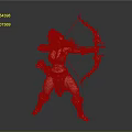 Woman with red hair in tribal warrior outfit holding bow and arrow ready to shoot