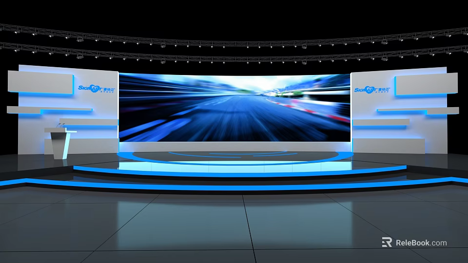Giant Tech Modern Stage Design Featuring Large Screen Blue Lighting And Circular Platform 3d model 