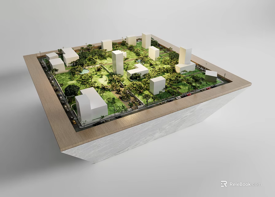 Commercial Model Equipment With Green Vegetation White Buildings And Square Structure 3d model 