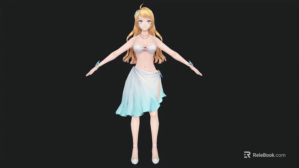 Woman With Blonde Hair White Top Blue White Gradient Skirt Arms Outstretched Black Background 3d model 
