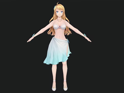 Woman With Blonde Hair White Top Blue White Gradient Skirt Arms Outstretched Black Background 3d model