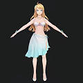 Woman With Blonde Hair White Top Blue White Gradient Skirt Arms Outstretched Black Background