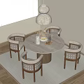 Minimalist Round Table And Chairs Set With Marble Top Wooden Legs Pendant Lamp And Rug