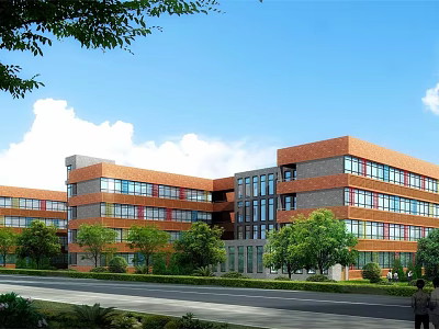 Red Brick School Building With Multi Story Design Large Windows And Surrounding Greenery 3d model
