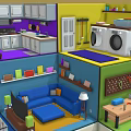 Cartoon Scene Of Colorful Multi Layered Room Model With Various Furniture And Decorations