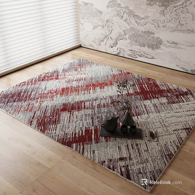 Square Carpet With Red Gray White Abstract Striped Design For Modern Wooden Floor Room 3d model 