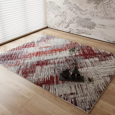 Square Carpet With Red Gray White Abstract Striped Design For Modern Wooden Floor Room 3d model