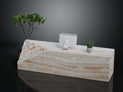 Modern Marble Reception Desk With White Monitor Small Potted Plant And Large Green Plant 3d model