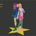 Game Movie Characters Two Anime Girls Purple Pink Hair Colorful Outfits On Yellow Star Platform