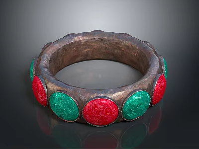 Handcrafted Copper Bracelet With Red And Green Circular Decorations For Daily Use 3d model