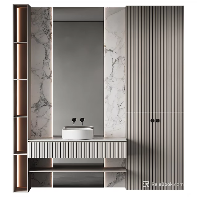 Elegant Modern Bathroom Vanity Design With Marble Walls Mirror Countertop And Striped Cabinets 3d model 