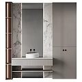 Elegant Modern Bathroom Vanity Design With Marble Walls Mirror Countertop And Striped Cabinets