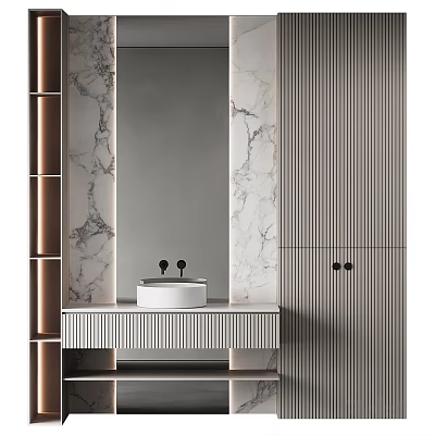 Elegant Modern Bathroom Vanity Design With Marble Walls Mirror Countertop And Striped Cabinets 3d model