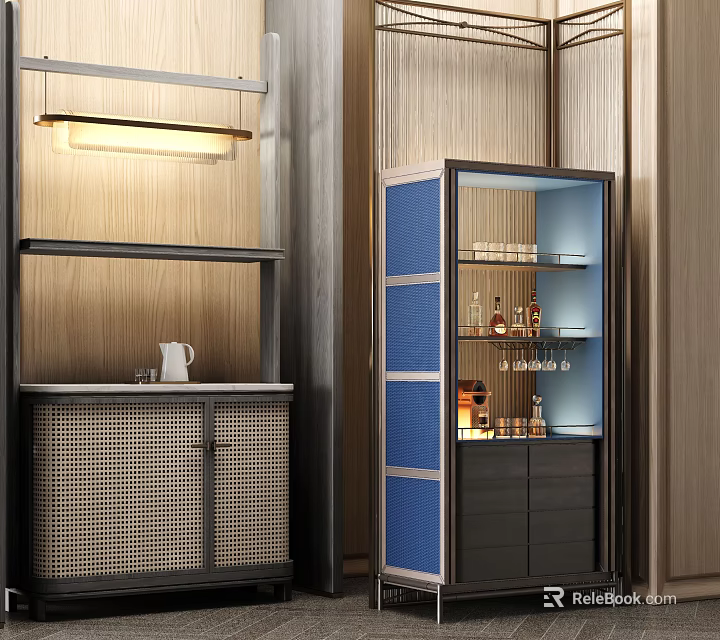Sleek Modern Wine Cabinet With Blue Glass Doors LED Lighting And Wine Storage 3d model 