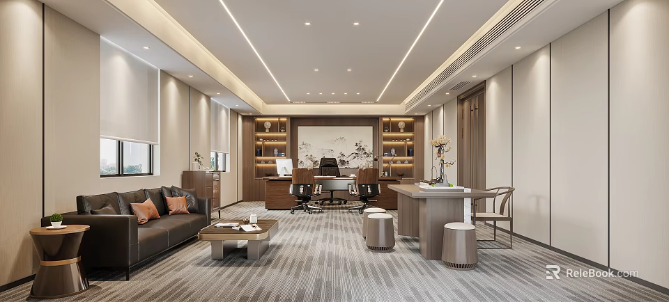 Modern Office Interior With Chinese Elements Office Desk Sofa Bookshelves Carpet And Lighting 3d model 