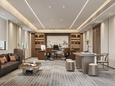 Modern Office Interior With Chinese Elements Office Desk Sofa Bookshelves Carpet And Lighting 3d model