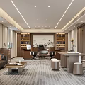 Modern Office Interior With Chinese Elements Office Desk Sofa Bookshelves Carpet And Lighting