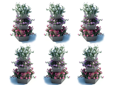 Layered Garden Decorative Planters With Stacked Layers Colorful Flowers And Green Foliage 3d model