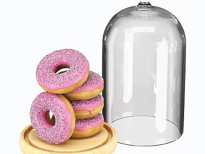 Pink Frosted Donuts with Sprinkles on Wooden Tray and Glass Dome 3d model