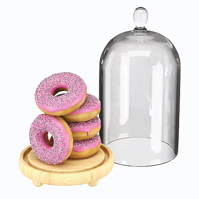 Pink Frosted Donuts with Sprinkles on Wooden Tray and Glass Dome 3d model