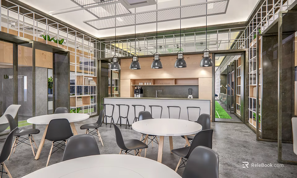 Modern Lounge Area Interior Design With Round Tables Black Chairs Hanging Lights And Open Layout 3d model 