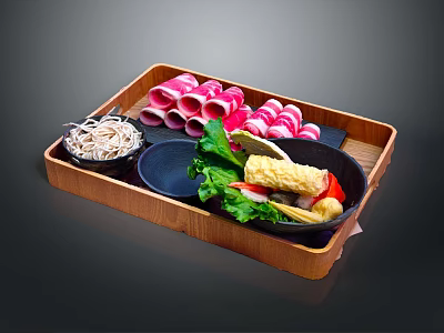 Fresh Assorted Foods in Wooden Tray with Pink Meat Slices Green Vegetables and Vermicelli 3d model