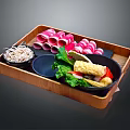 Fresh Assorted Foods in Wooden Tray with Pink Meat Slices Green Vegetables and Vermicelli