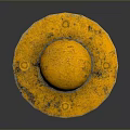 Yellow Safety Bollard With Black Stripes And Weathered Surface On Gray Background