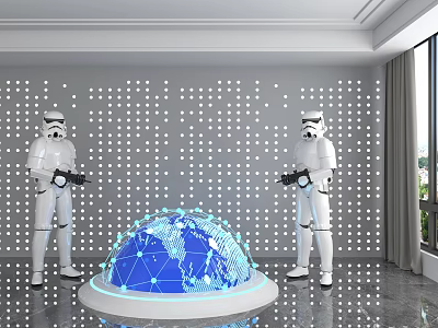 White Dotted Wall Paneling In Modern Interior With Stormtroopers And Globe Model 3d model