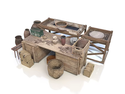 Vintage Scenery with Wooden Workbench Clay Pots and Old Tools 3d model