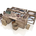 Vintage Scenery with Wooden Workbench Clay Pots and Old Tools