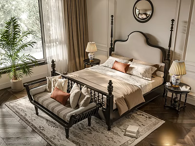 New Classical Double Bed French New Classical Double Bedding Bed Front Bed Lamp Bedside Table Potted Carpet Curtain 3d model