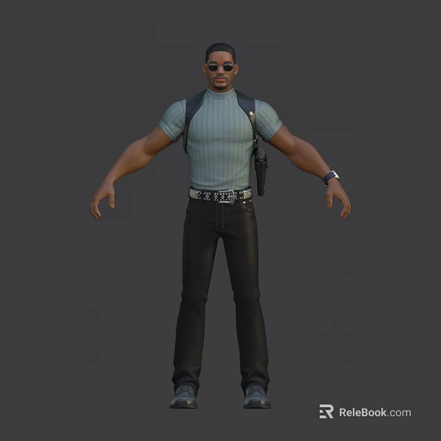 3D Game Movie Character In Striped Green T Shirt Black Pants And Sunglasses 3d model 