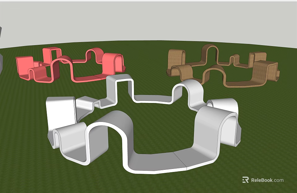 Modern Curved Landscape Seats In White Pink Brown For Outdoor Lawn 3d model 