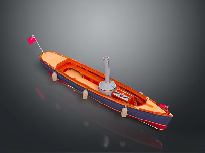 Vintage Model Boat With Orange Deck Blue Hull White Chimney Red Flag And Side Buoys 3d model