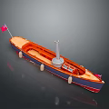 Vintage Model Boat With Orange Deck Blue Hull White Chimney Red Flag And Side Buoys