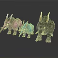 Three Colorful Horned Fantasy Creatures Standing As 3D Models In Pink Blue And Dark Gray