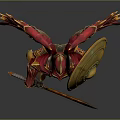Red Winged Fantasy Warrior 3D Model With Golden Armor Shield And Sword