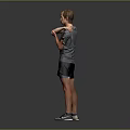 A Man In Gray Short Sleeve Shirt And Black Shorts Stretching Arms On Dark Background